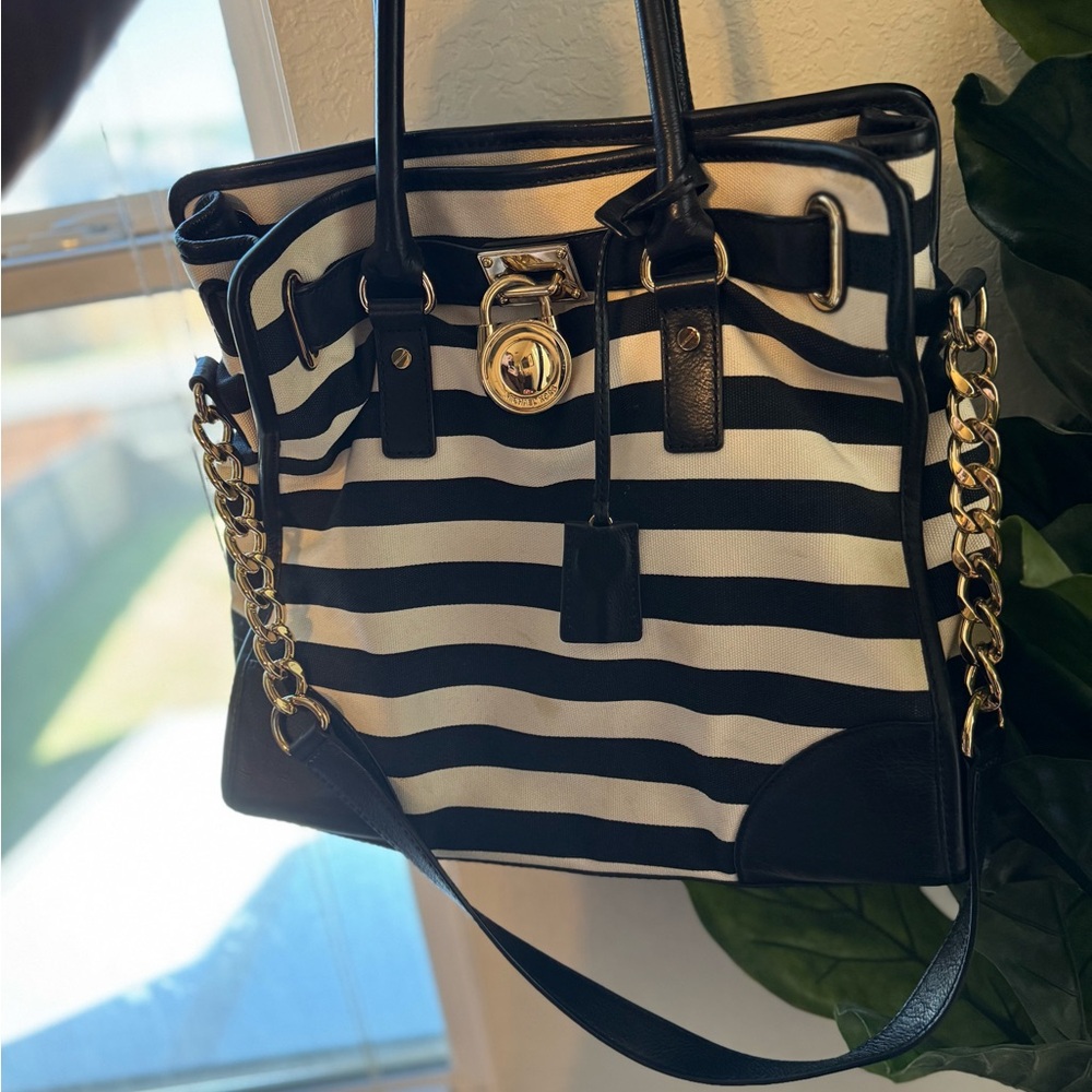 Michael Kors Black and White Tote with Gold Accents